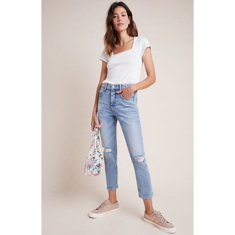 Anthropologie Pilcro High Rise Slim Straight Jeans Distressed Denim Medium Wash - Picture 10 of 10